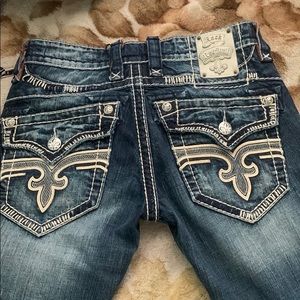 Rock Revival Joseph Straight 28 Mens Sz 30x32 Blue Distressed Embellished Jeans